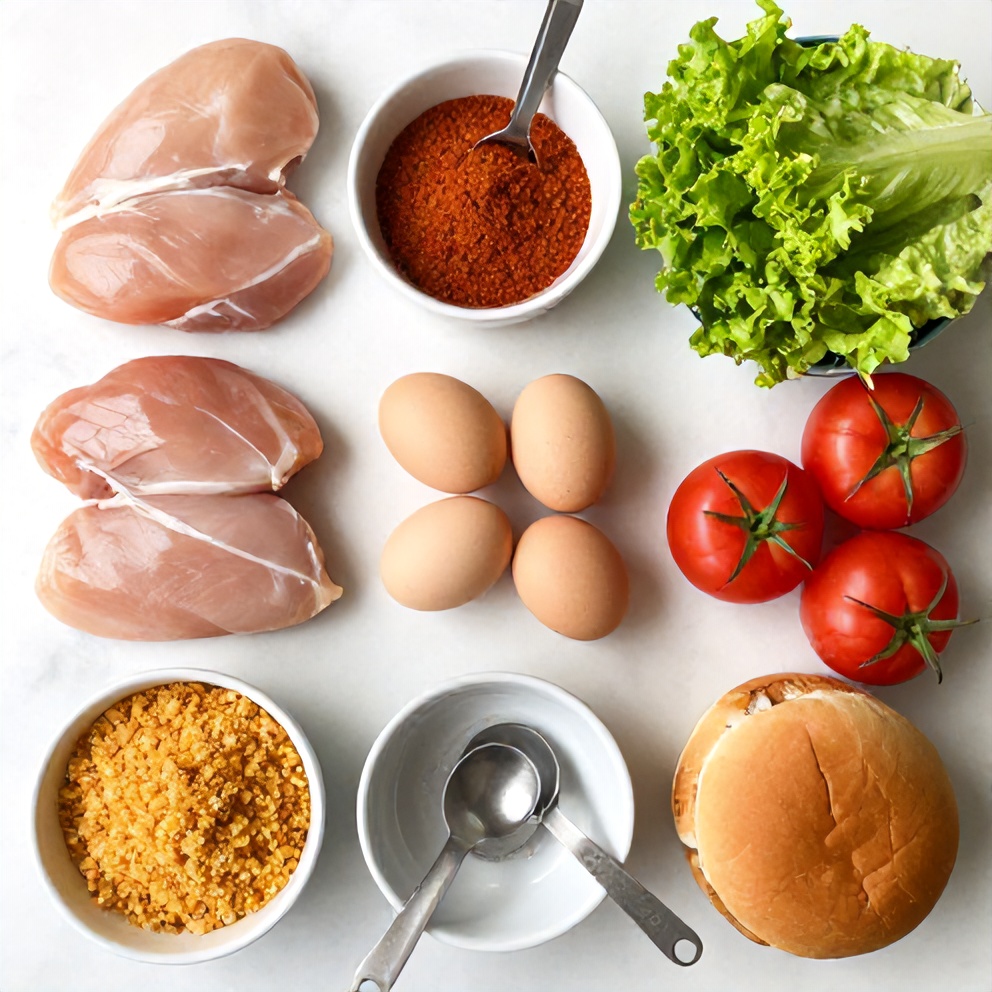 Overhead flat lay showing raw chicken breasts, eggs, Thai seasoning, flour, bread crumbs, fresh lettuce, tomatoes, and sandwich buns with measuring spoons.