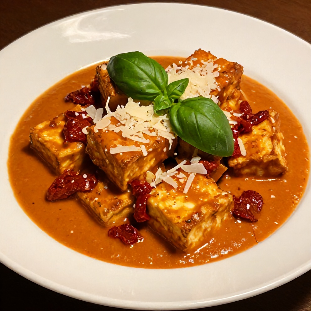 Plated crispy tofu in creamy sun-dried tomato sauce