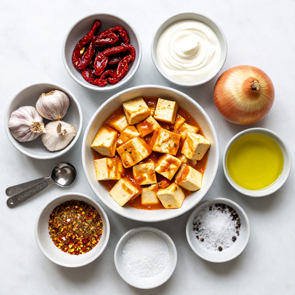 Raw ingredients for crispy tofu in creamy sun-dried tomato sauce