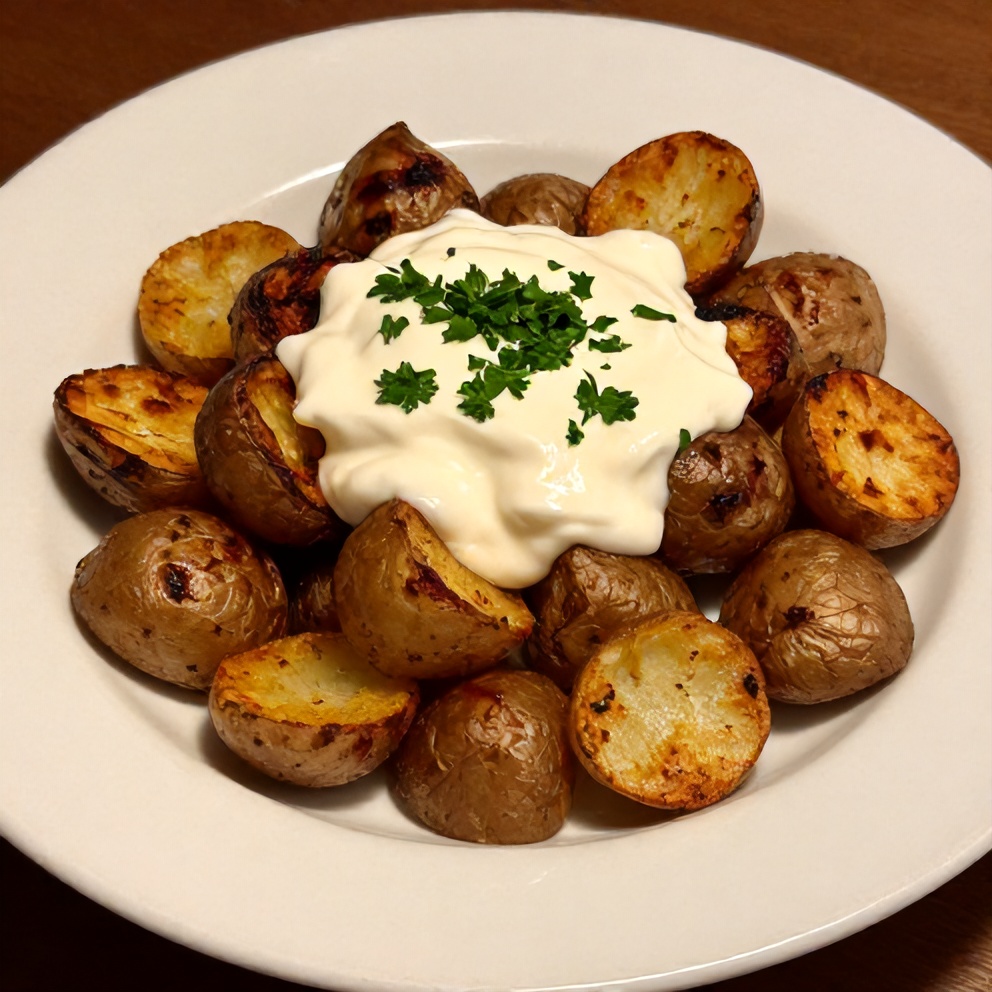 Plated Crispy Za’atar Smashed Potatoes with Creamy Tahini Yogurt