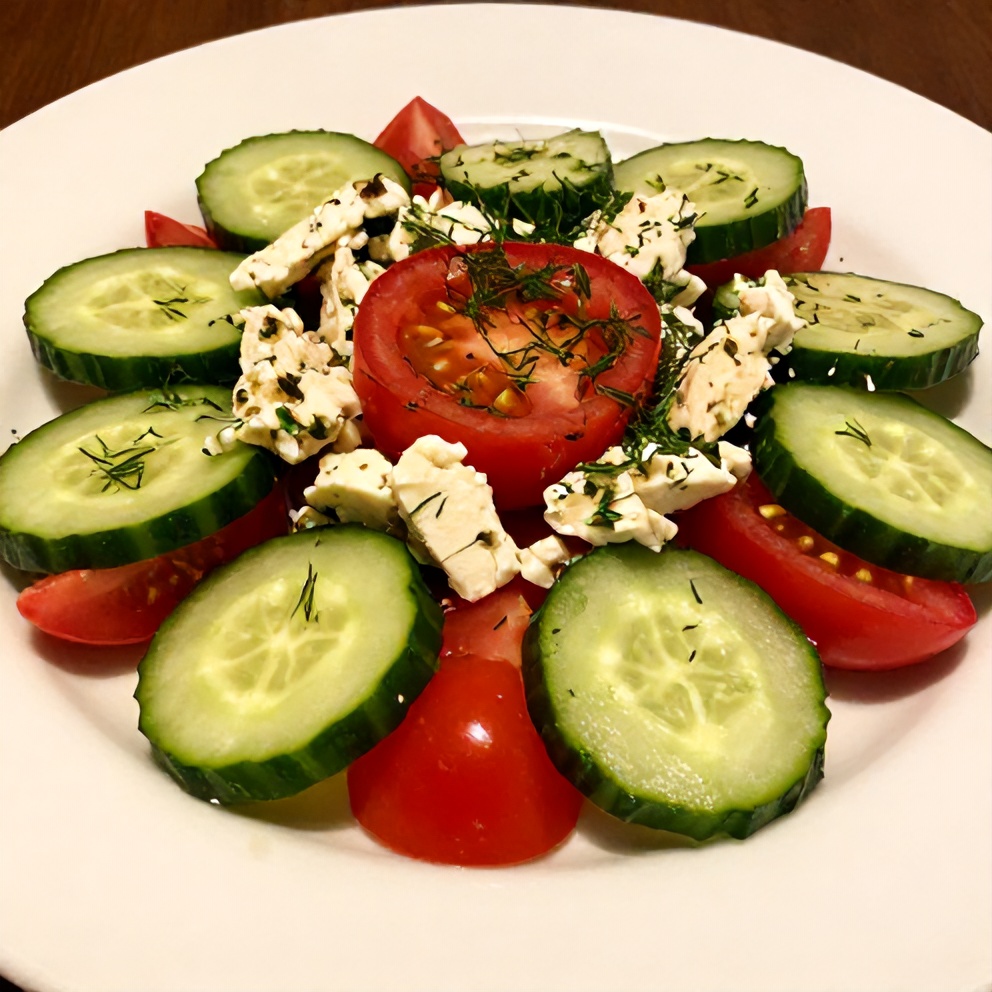 Plated cucumber tomato feta salad with a sprinkle of fresh dill