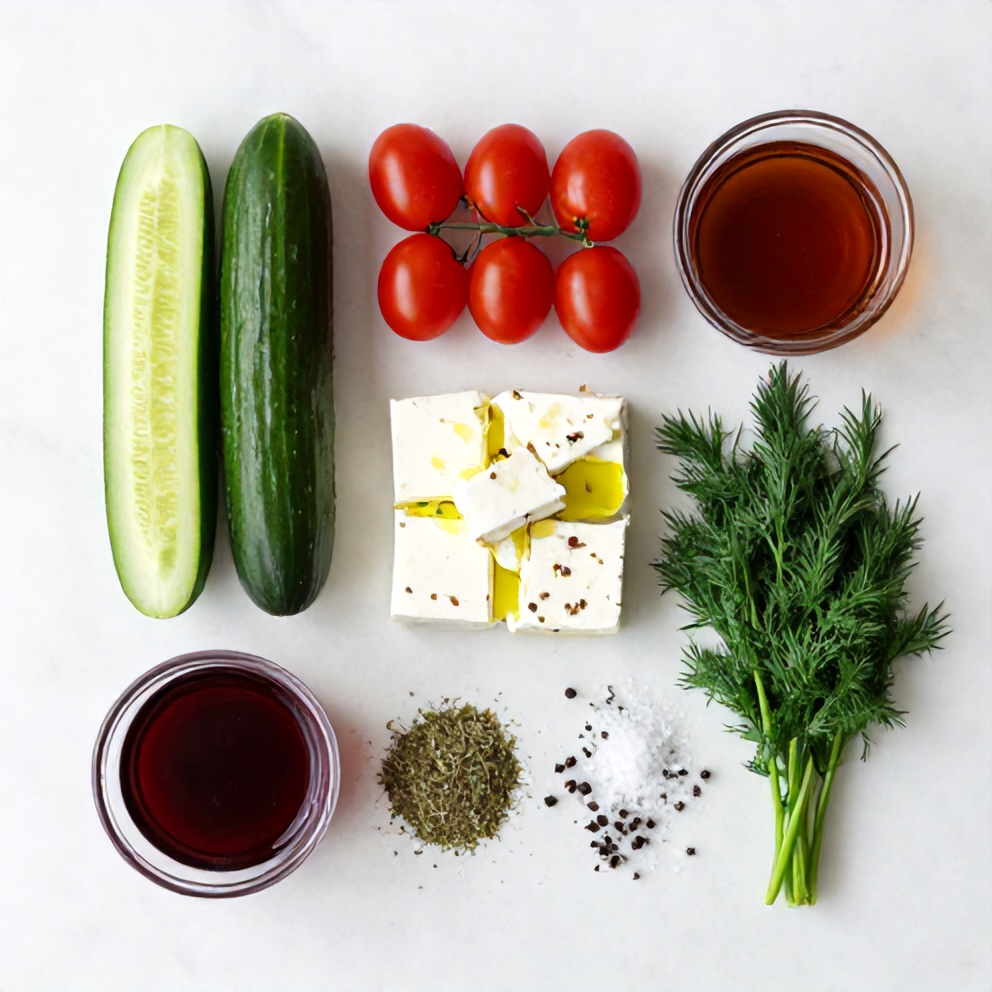 Raw ingredients for cucumber tomato feta salad on a white marble surface