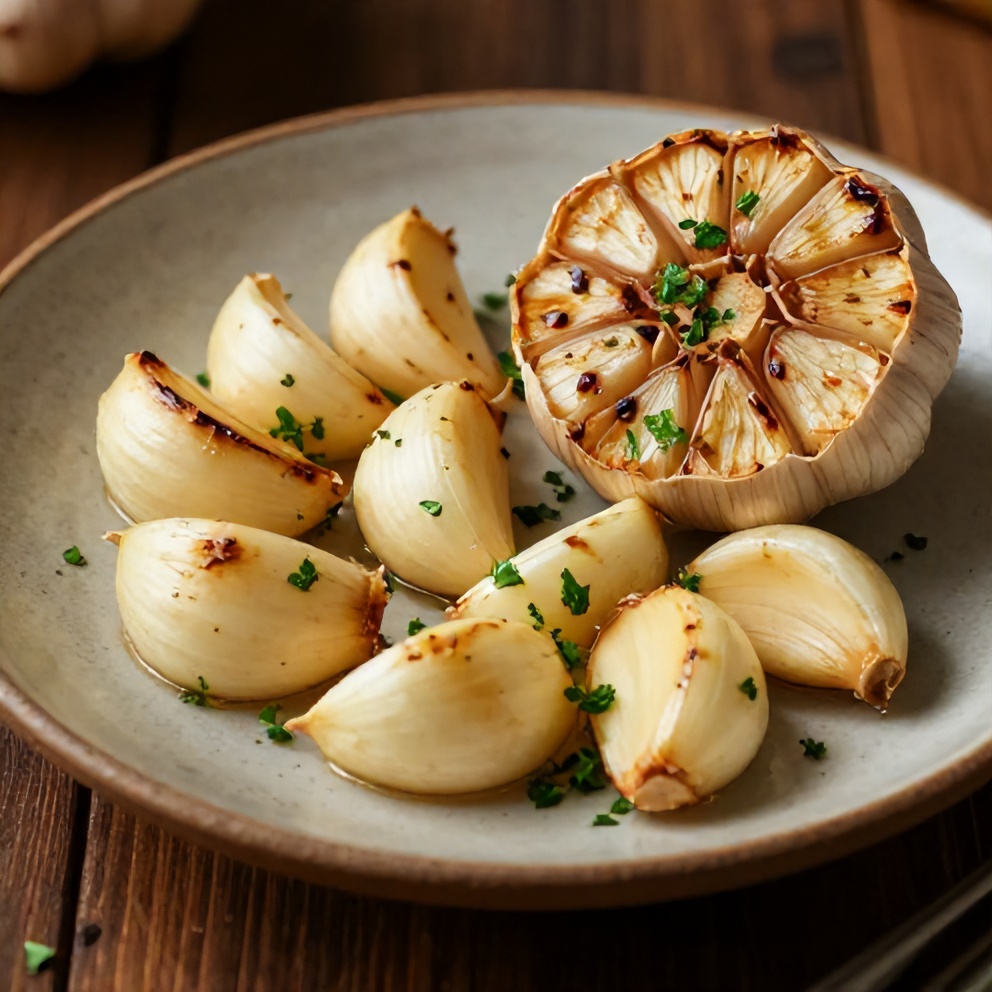 Roasted garlic cloves on a rustic plate