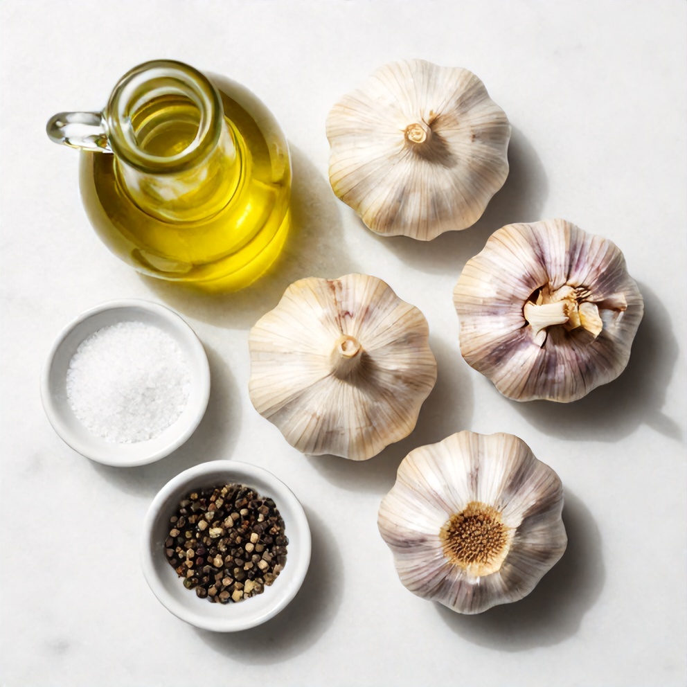 Raw garlic bulbs, olive oil, salt, and pepper arranged on a marble surface