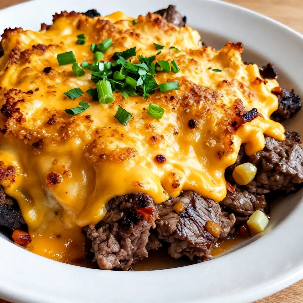 Plated Amish Hamburger Steak Bake with Cheddar Cheese