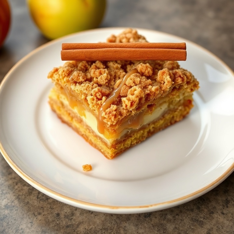 Plated slice of apple crumb cake with cinnamon drizzle pooling on white ceramic plate, garnished with cinnamon stick.