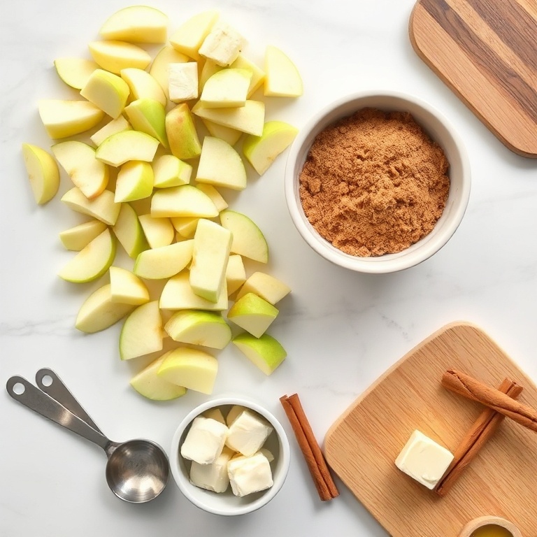 Raw ingredients for apple crumb cake: Granny Smith apples, all-purpose flour, brown sugar, butter, cinnamon, plus measuring cups and small bowls.