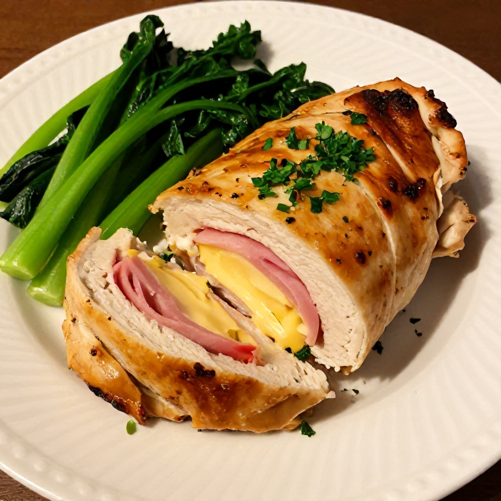 Plated baked chicken roll ups with side of vegetables
