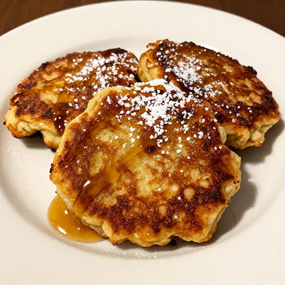Plated banana fritters with honey drizzle and a sprinkle of powdered sugar