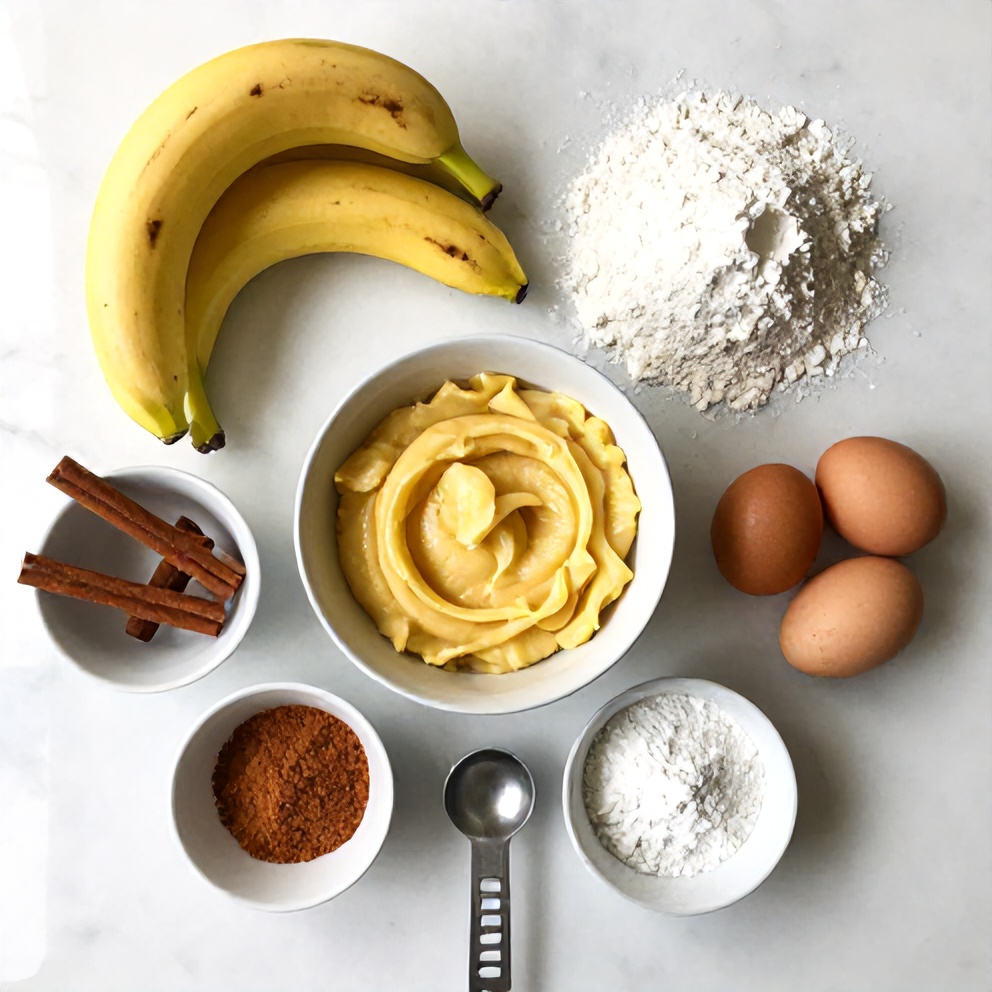 Overhead shot of ripe bananas, cinnamon, flour, eggs, and baking powder