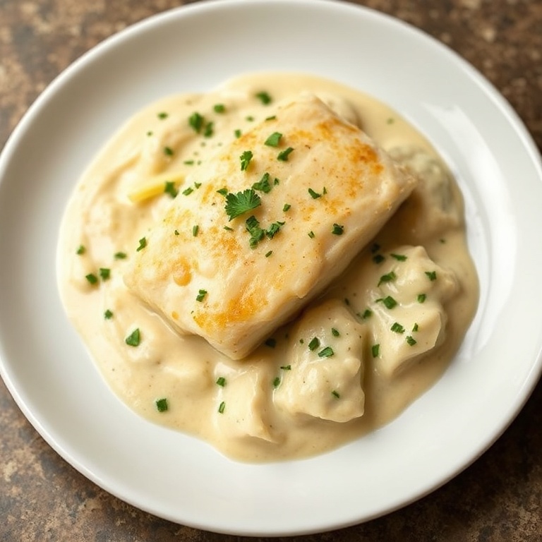 A single plated serving of baked cod in coconut lemon cream sauce garnished with fresh parsley