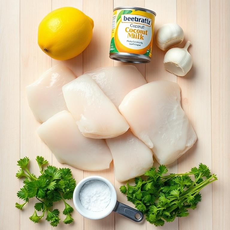 Overhead view of raw cod fillets, coconut milk, lemon, garlic, and fresh herbs with measuring spoons