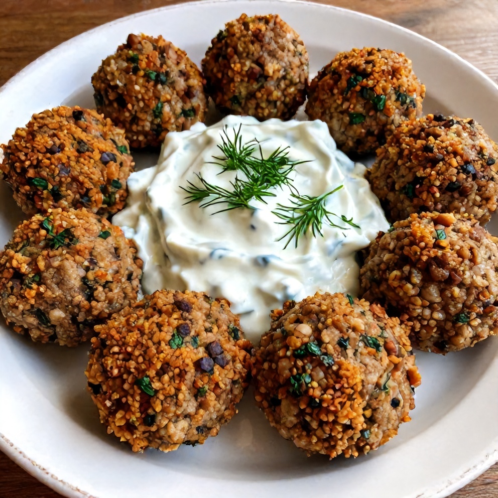 Plated baked Greek lentil meatballs garnished with fresh dill served with creamy tzatziki sauce on a rustic white plate