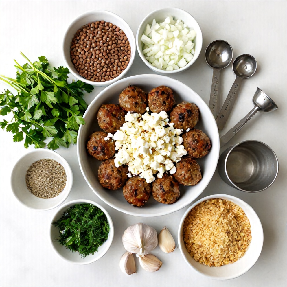 Overhead view of raw lentils, ground herbs, feta cheese, garlic cloves, and fresh dill with prep bowls on white marble surface