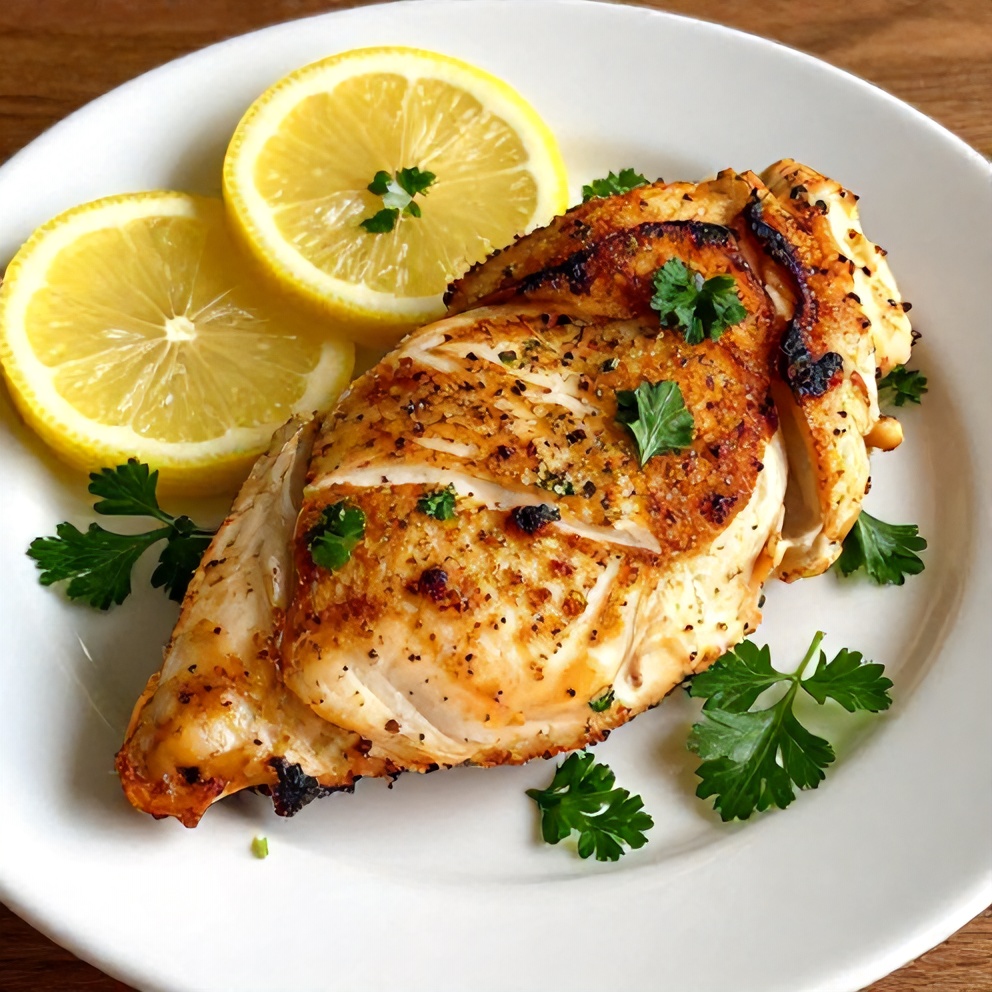 Plated baked lemon pepper chicken breast with lemon slices and parsley garnish