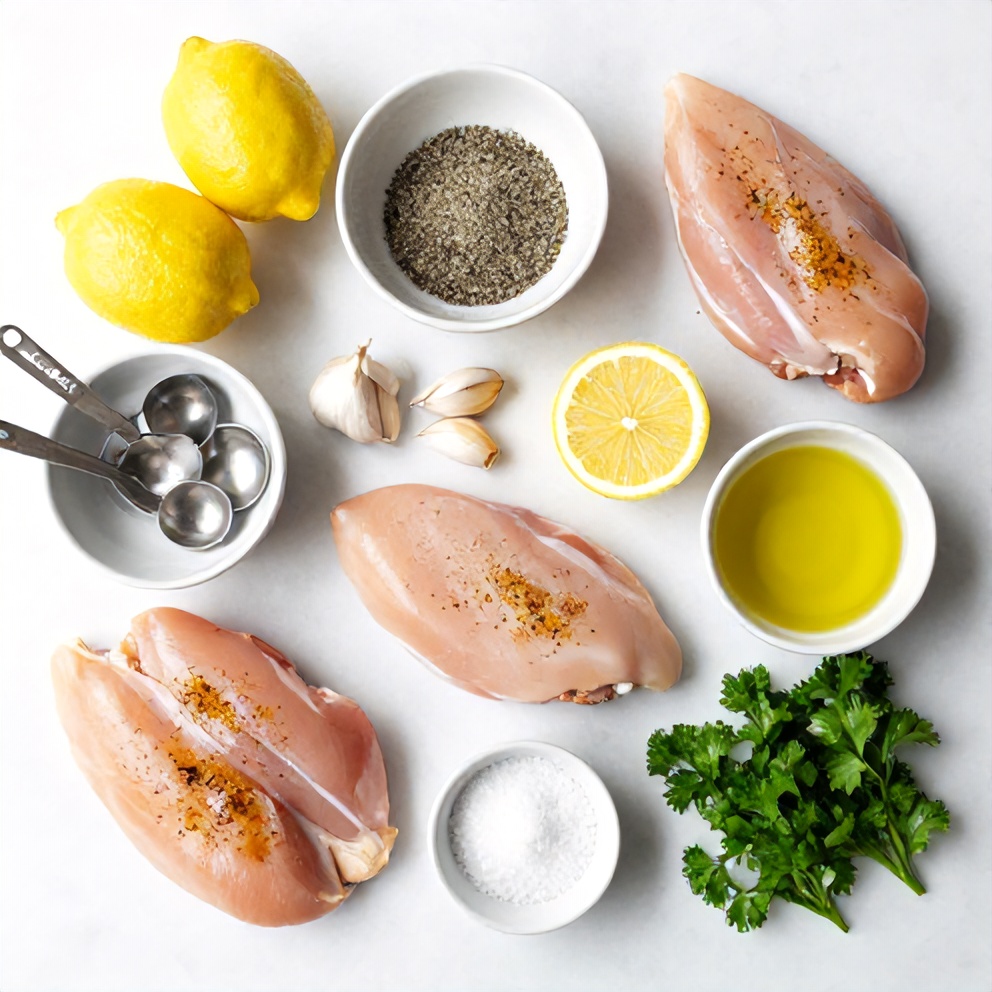 Raw ingredients for lemon pepper chicken: chicken breasts, lemons, pepper, garlic, olive oil, salt, and parsley