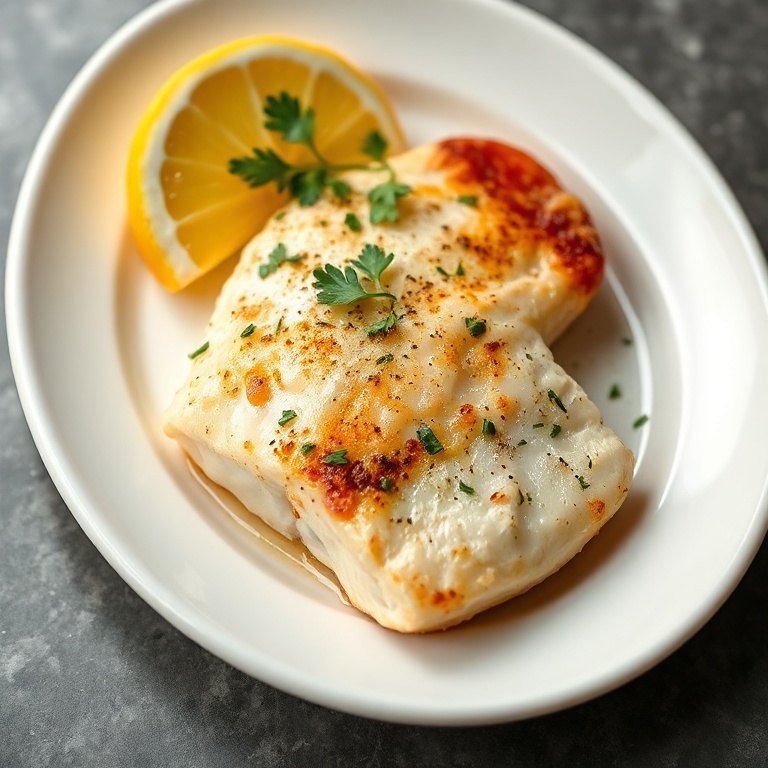 Plated easy baked Mediterranean cod garnished with fresh parsley and lemon wedges on a white plate