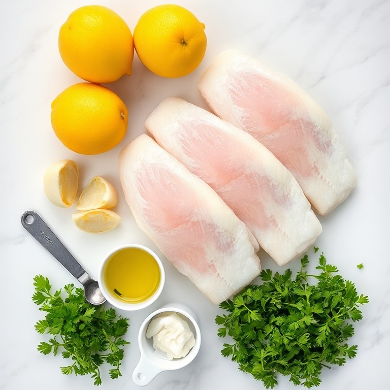 Raw cod fillets, fresh lemons, garlic cloves, olive oil, and fresh parsley arranged with measuring spoons on white marble surface