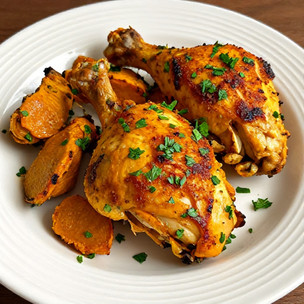 Plated serving of baked turmeric chicken garnished with fresh parsley on a white ceramic plate with spring vegetables