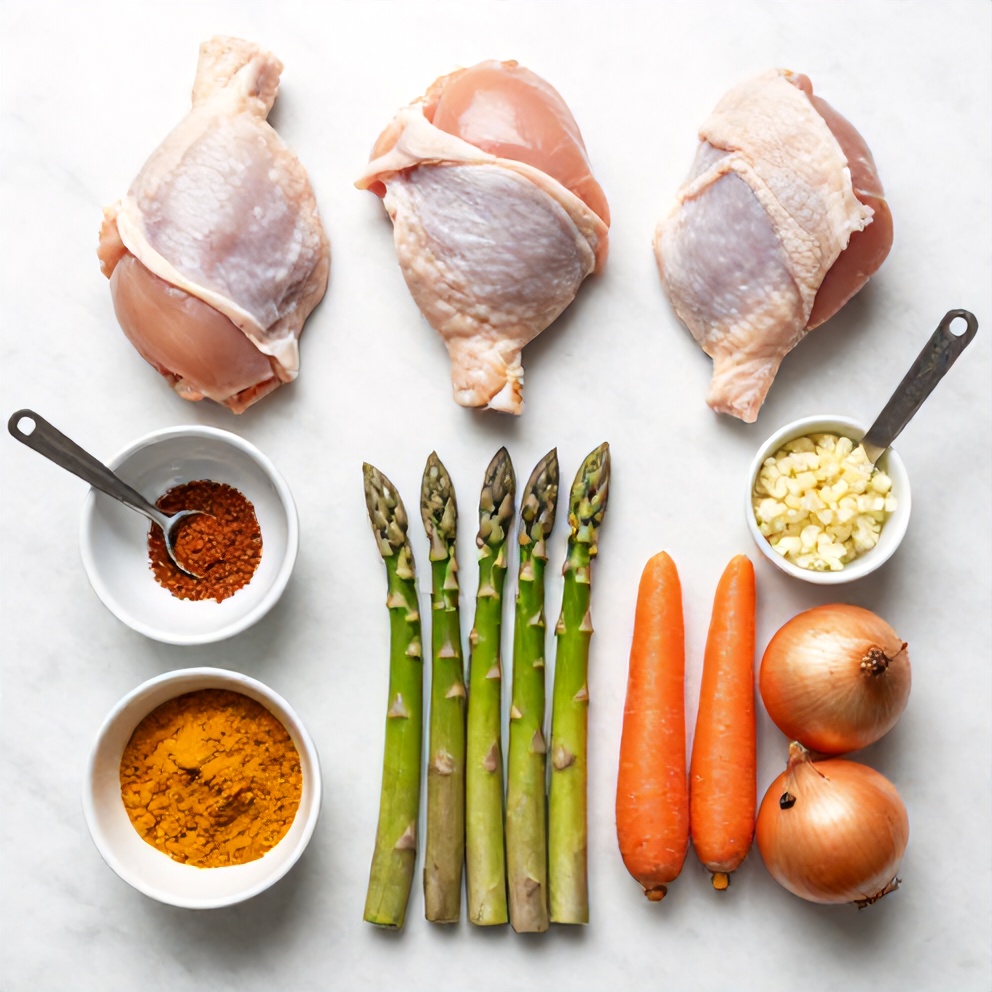 Overhead flat lay of raw chicken thighs, turmeric powder, spring vegetables, garlic cloves, and olive oil with prep bowls on a white marble surface
