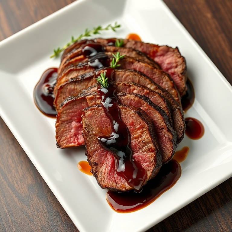Plated balsamic glazed steak sliced against the grain, drizzled with extra glaze, sprinkled with fresh thyme, on white ceramic rectangle plate with dark slate underlay
