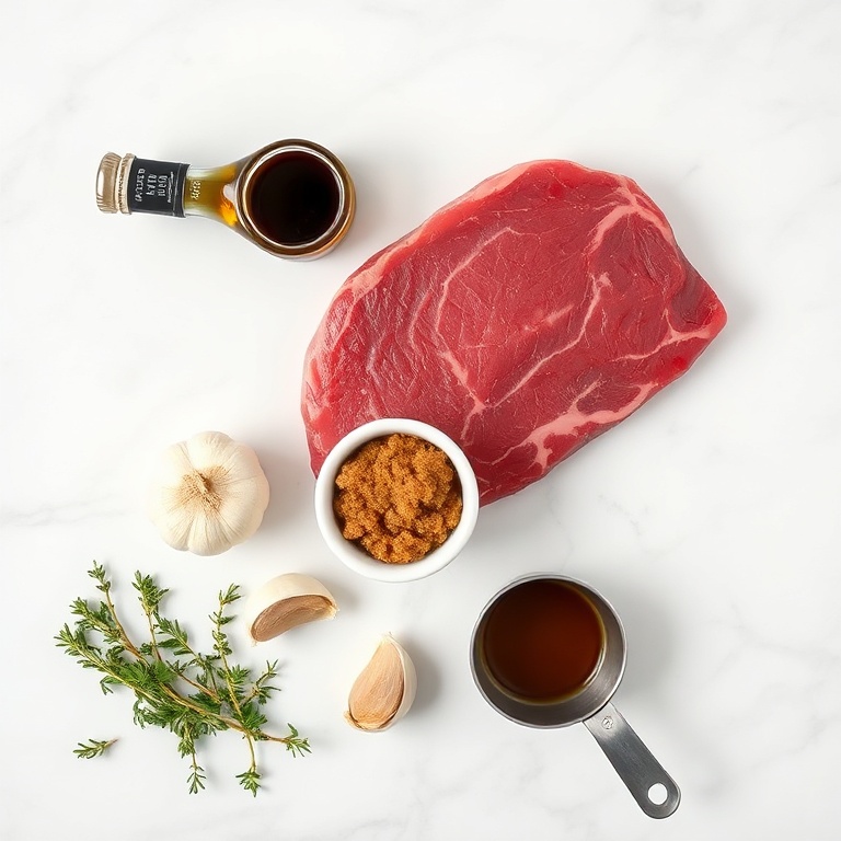 Overhead flat lay: flank steak, balsamic vinegar, brown sugar, garlic cloves, fresh thyme sprigs, small prep bowls, stainless steel measuring spoons, white marble surface