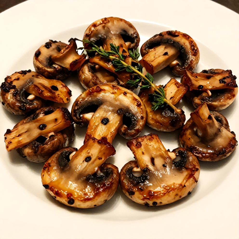 Plated serving of balsamic roasted garlic mushrooms with fresh thyme
