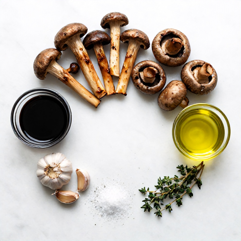 Raw ingredients for balsamic roasted garlic mushrooms: mushrooms, garlic, balsamic vinegar, olive oil, salt, pepper, thyme