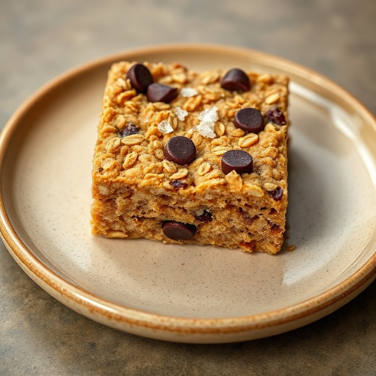 Single square of banana oatmeal bar on rustic ceramic plate, dusted with flaky sea salt