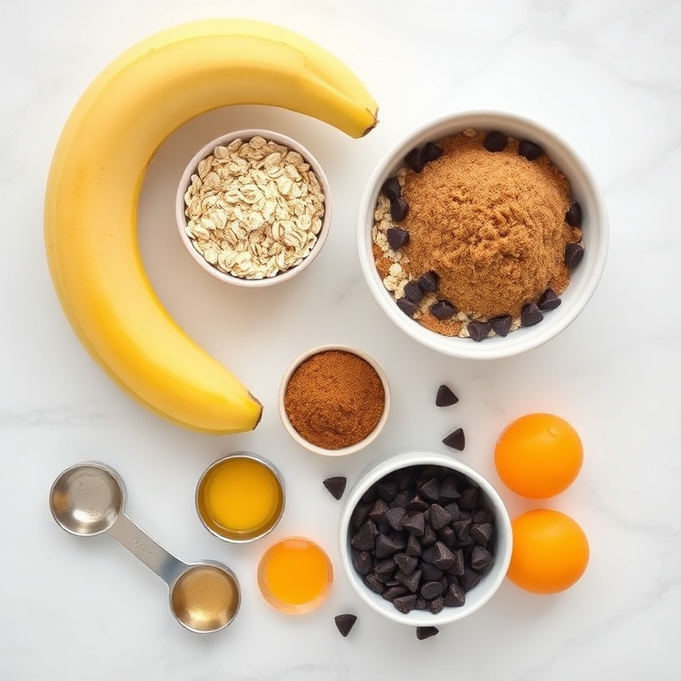 Overhead flat lay of ripe bananas, rolled oats, brown sugar, chocolate chips, and eggs on white marble