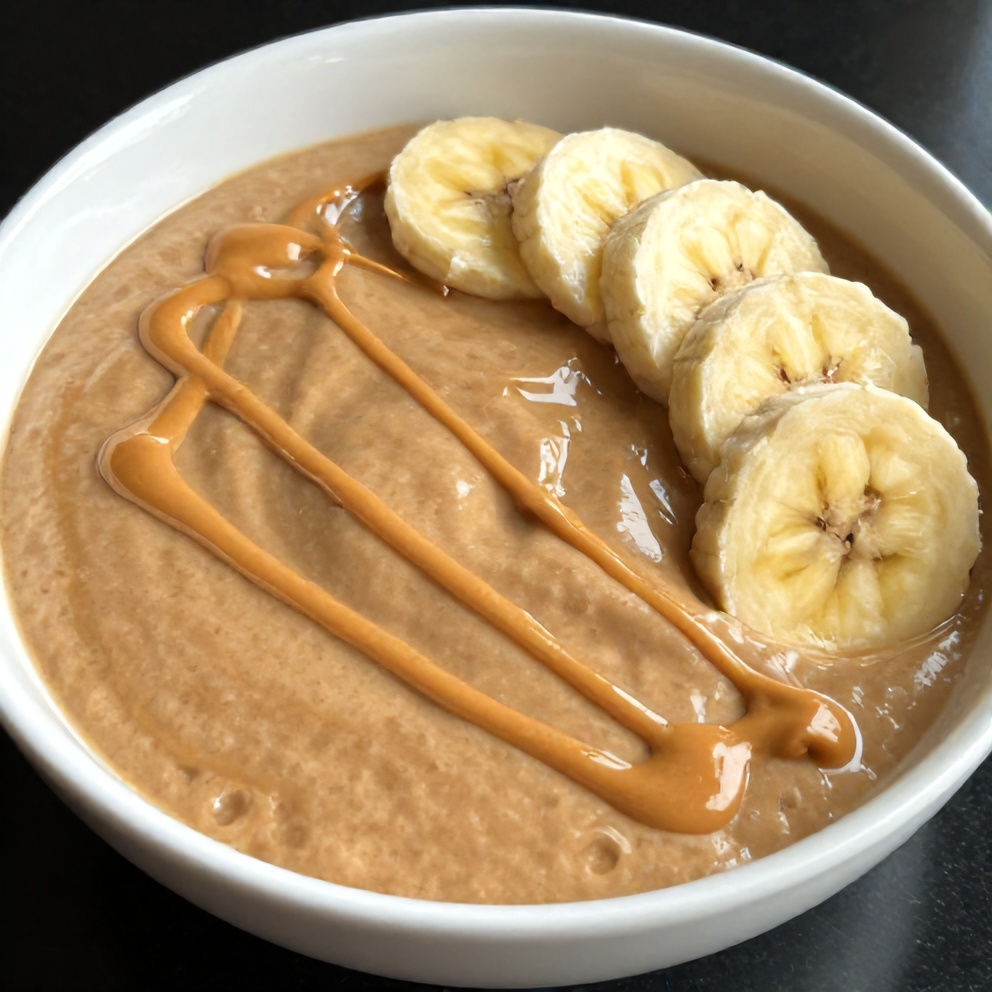 Smoothie bowl with peanut butter drizzle and banana slices on white bowl against wooden background