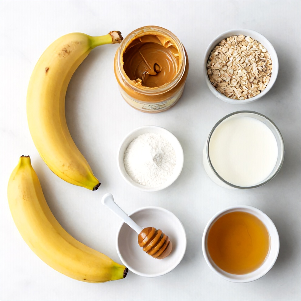 Raw ingredients for banana peanut butter oat smoothie bowl including banana, peanut butter, oats, milk and honey