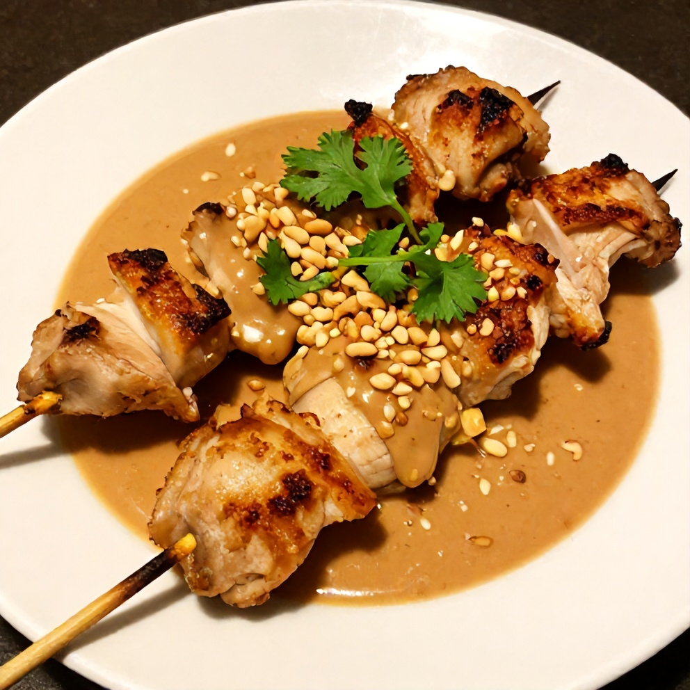 Plated lemongrass chicken skewers with peanut sauce