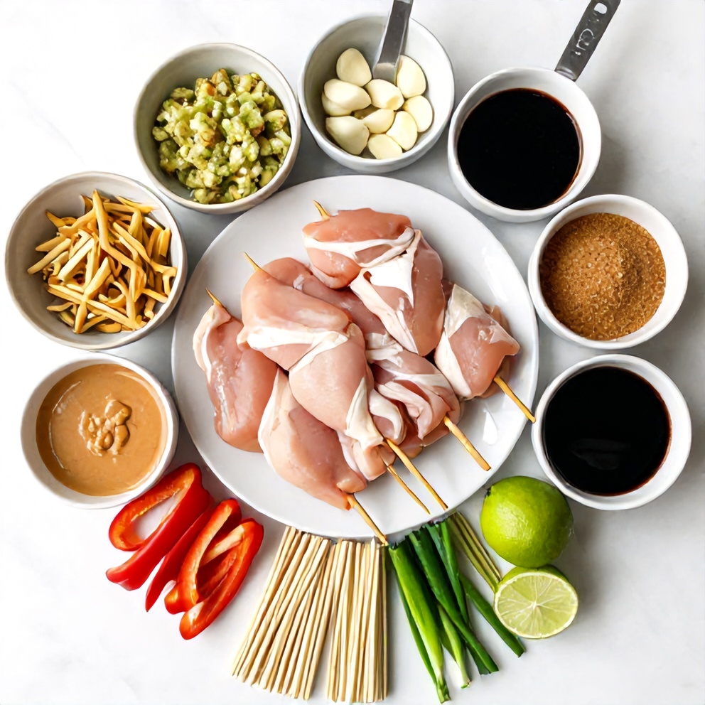 Raw ingredients for lemongrass chicken skewers with peanut sauce
