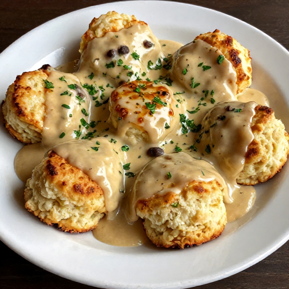 A plated serving of biscuits and sausage gravy breakfast pizza garnished with fresh parsley