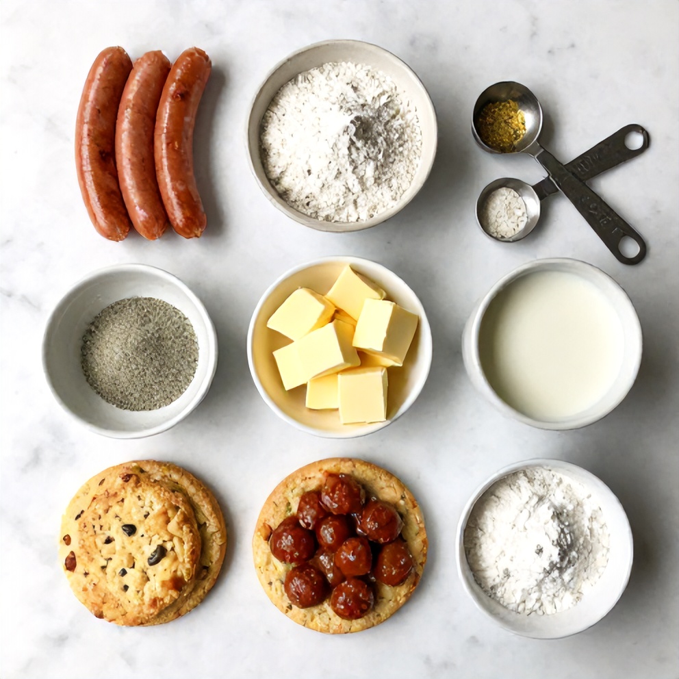 Raw ingredients for biscuits and sausage gravy breakfast pizza including sausage, flour, milk, baking powder, butter