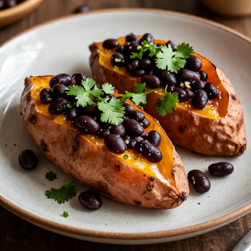 One perfect plated serving of Black Bean Stuffed Sweet Potatoes on a rustic plate, garnished with fresh cilantro.