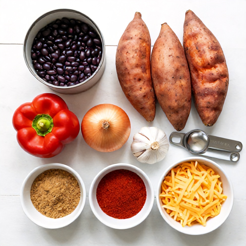 Raw ingredients for Black Bean Stuffed Sweet Potatoes: canned black beans, sweet potatoes, bell pepper, onion, garlic, cumin, chili powder, and cheese.