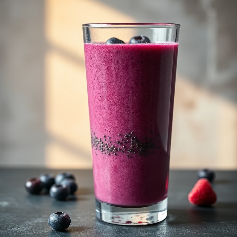 easy blueberry raspberry smoothie with protein and chia seeds