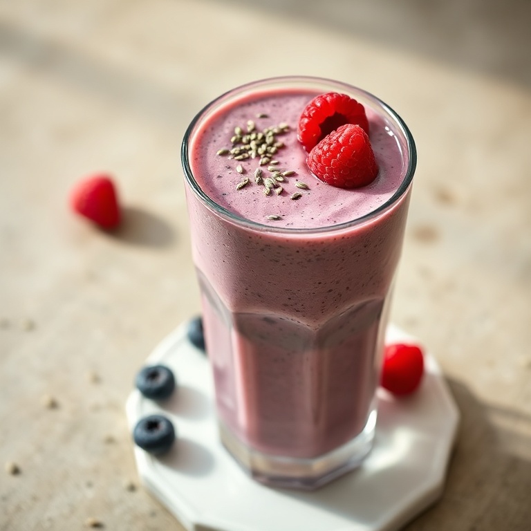Tall clear glass filled with vibrant purple-red smoothie, topped with fresh raspberries and a sprinkle of chia seeds, white ceramic coaster, warm side lighting highlighting texture and gloss
