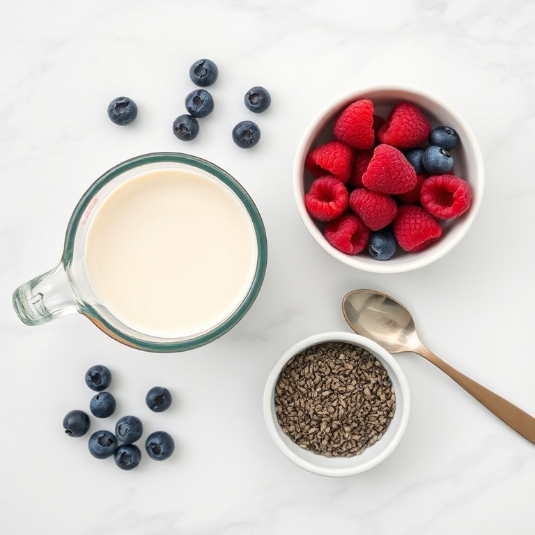 Overhead flat lay of frozen blueberries, frozen raspberries, unsweetened almond milk, vanilla protein powder, chia seeds, measuring spoon, small prep bowl, white marble surface, bright natural light