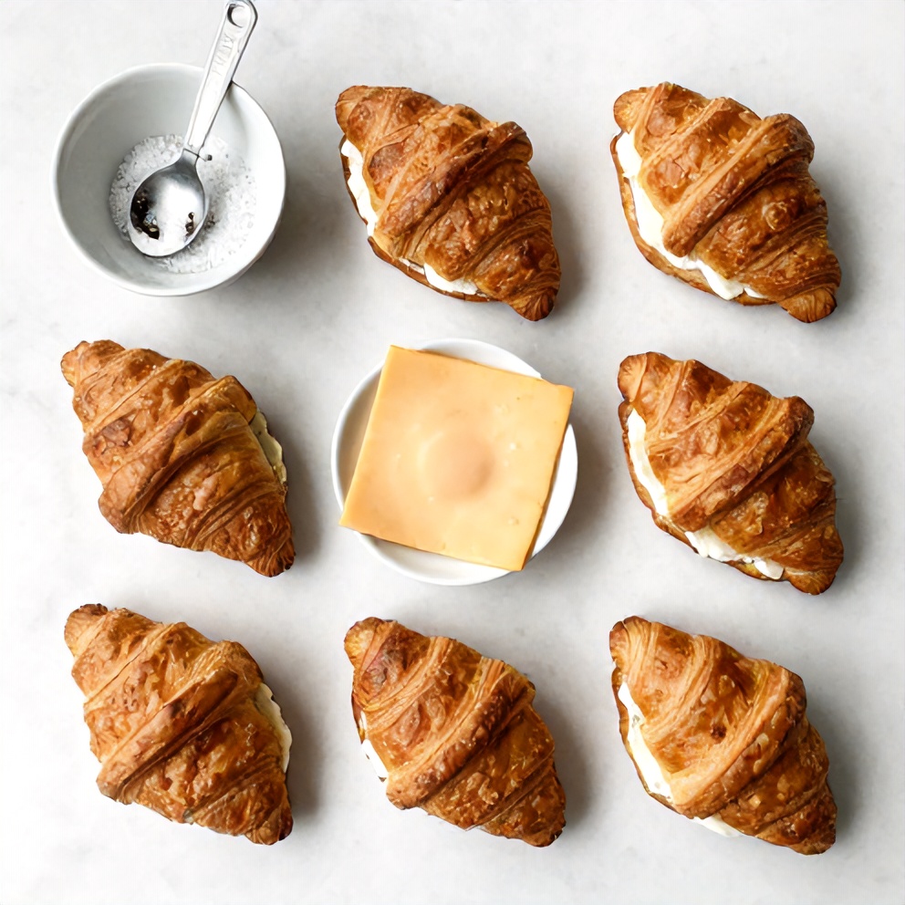 Raw ingredients for breakfast croissant sandwiches