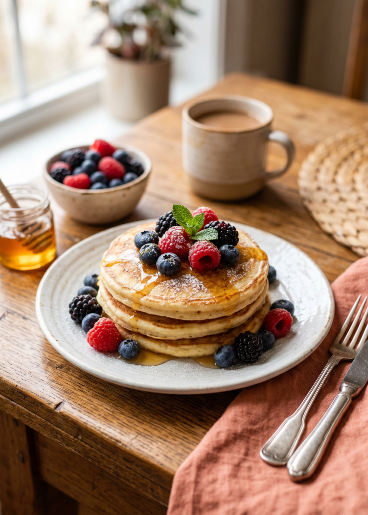 easy breakfast recipe - fluffy pancakes with berries