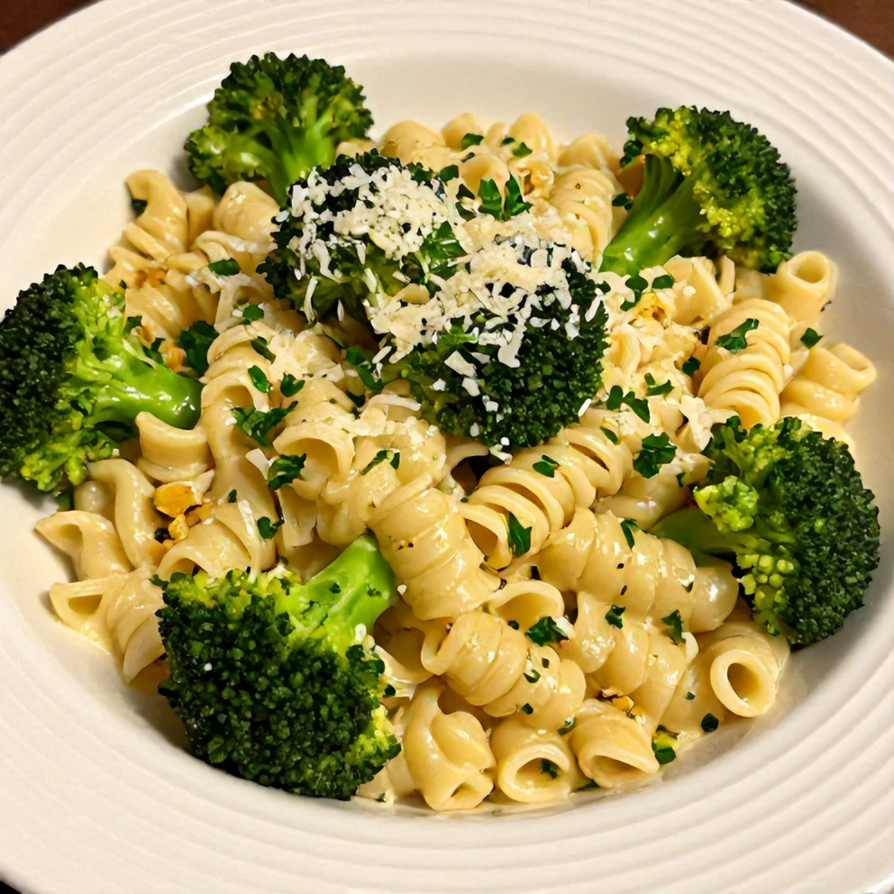 Plated easy broccoli pasta garnished with grated Parmesan and fresh parsley on a white bowl with warm side lighting