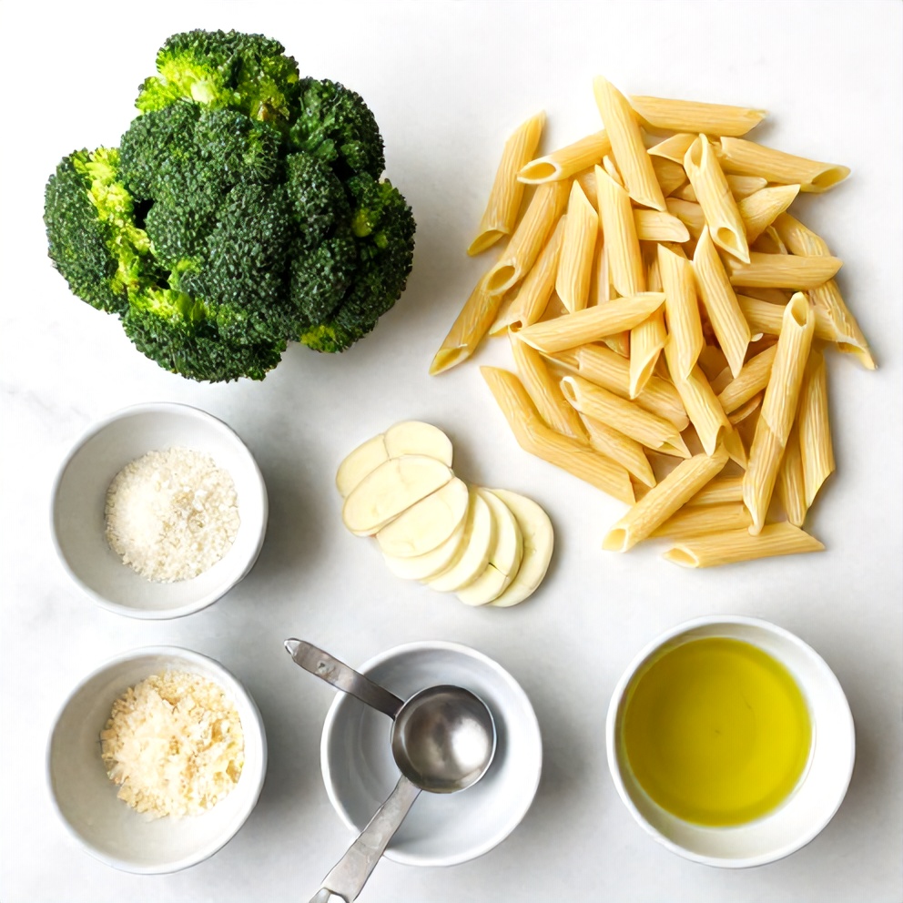 Overhead flat lay of pasta, fresh broccoli florets, garlic cloves, grated Parmesan, olive oil, and measuring spoons