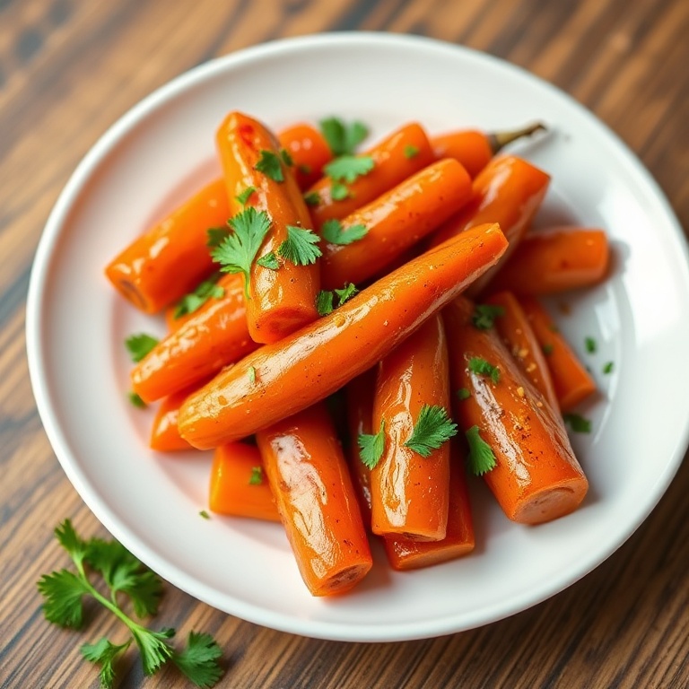 One plate of brown sugar glazed carrots garnished with fresh parsley served on a white ceramic dish