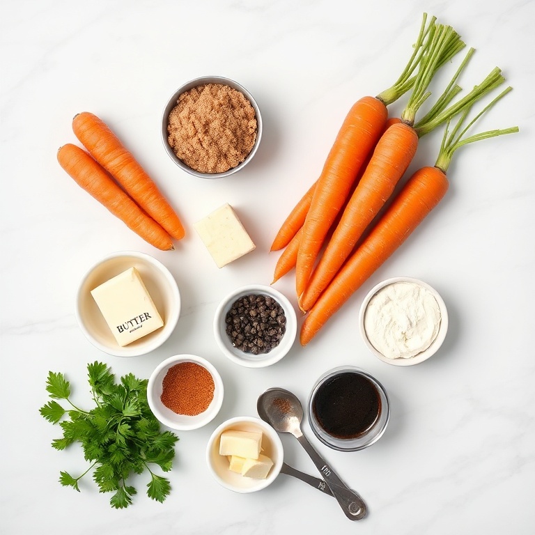 Raw carrots, brown sugar, butter, fresh parsley, and ground black pepper arranged with measuring spoons on white marble surface