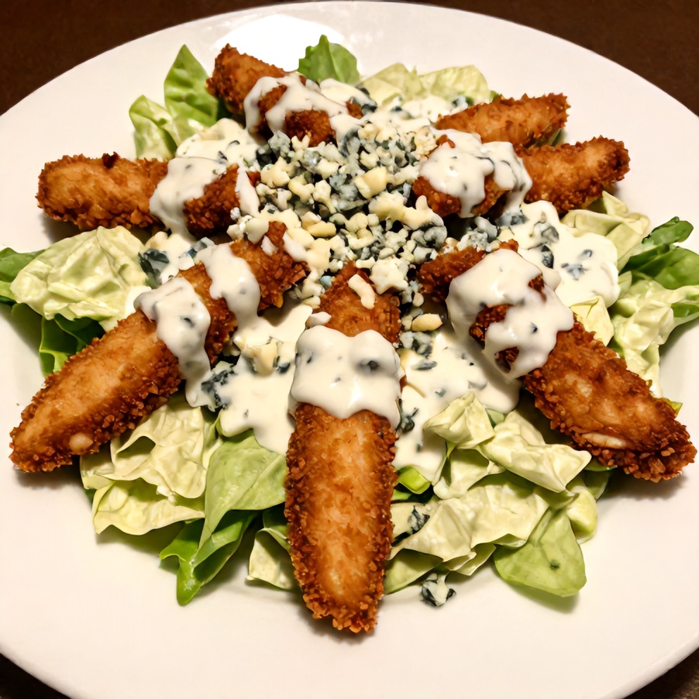 Plated buffalo chicken salad with ranch dressing