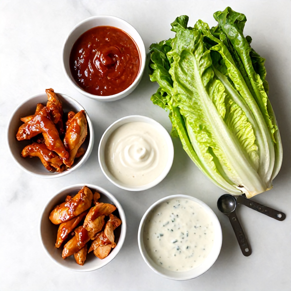 Raw ingredients for buffalo chicken salad on marble surface