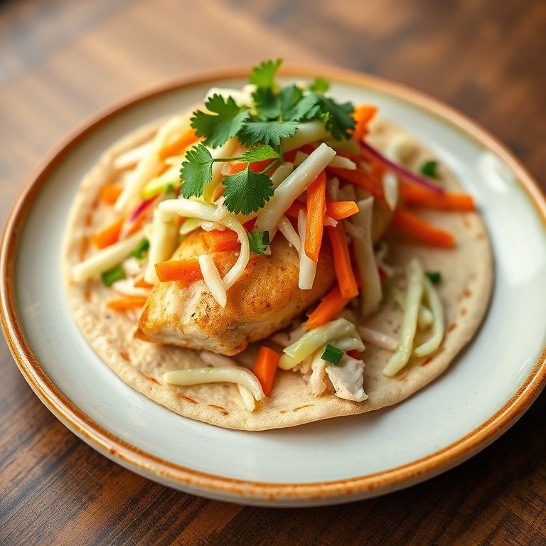 Single fish taco topped with vibrant cabbage slaw and cilantro on a warm tortilla